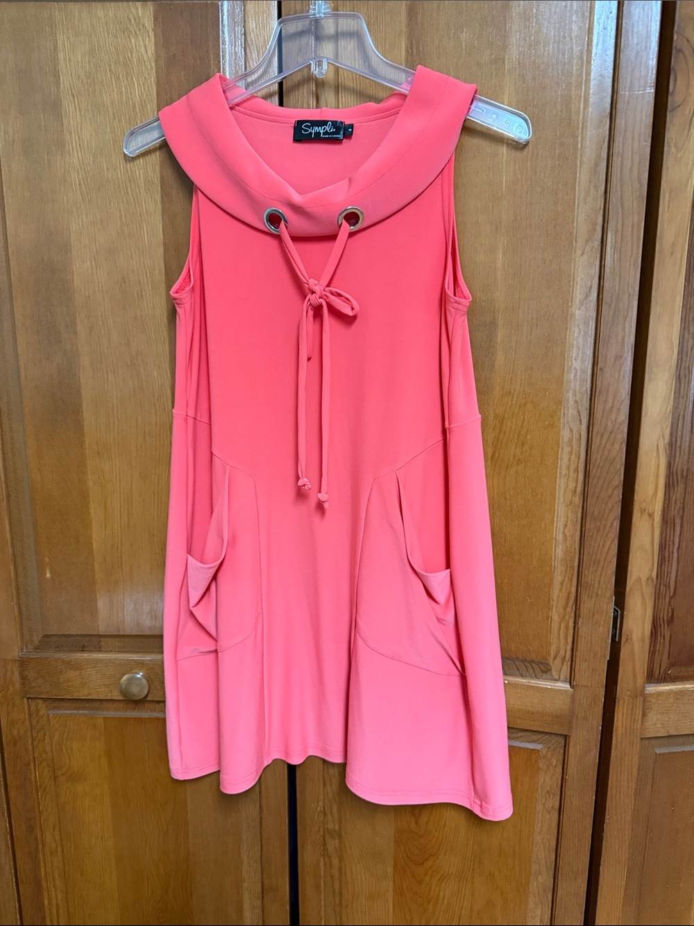 Sympli Coral Pink Sleeveless Tunic with Drawstring Collar
